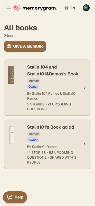 Memorygram — book library dashboard on mobile